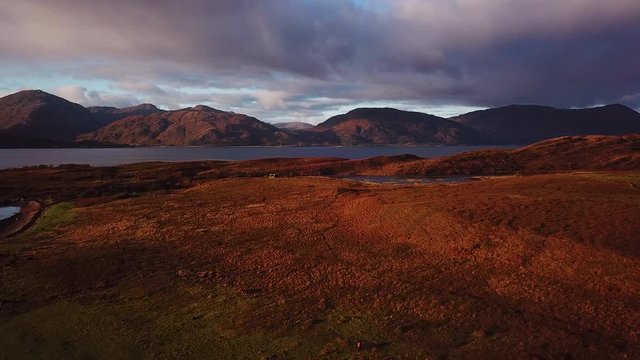 aerial footage of loch linnhe shot from duror on the west coast of scotland in the argyll region of the highlands of scotland showing corran ferry straight and shuna and lismore islands