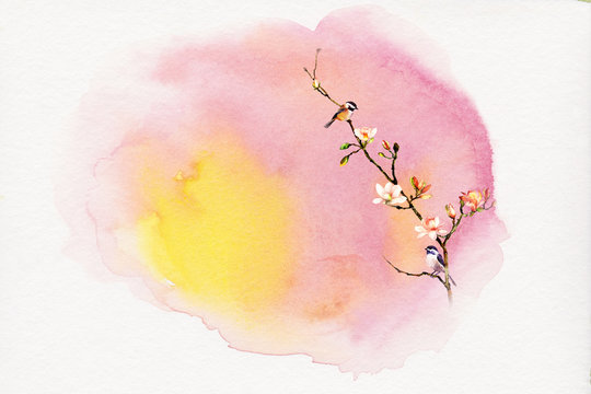 chickadee on magnolia watercolor