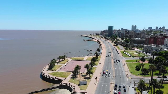 Promenade Rambla, Road, Cars, Traffic (Montevideo, Uruguay) aerial view