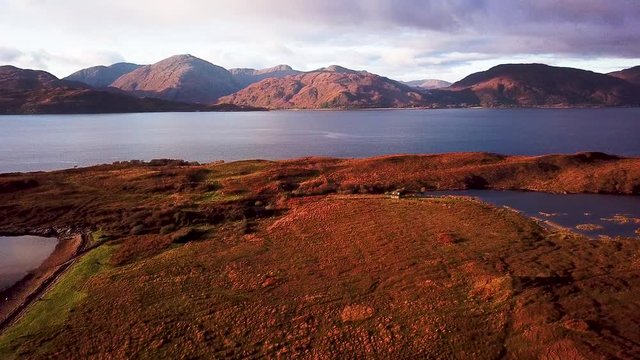 aerial footage of loch linnhe shot from duror on the west coast of scotland in the argyll region of the highlands of scotland showing corran ferry straight and shuna and lismore islands