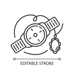 Jewelry and watches linear icon. Luxury accessories. Necklace, bracelet. E commerce department, shopping. Thin line illustration. Contour symbol. Vector isolated outline drawing. Editable stroke