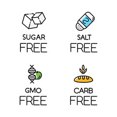 Product free ingredient color icons set. No sugar, salt, gmo, carbs. Organic healthy food. Non-seasoned, unsweetened meals. Dietary without allergens and sweeteners. Isolated vector illustrations