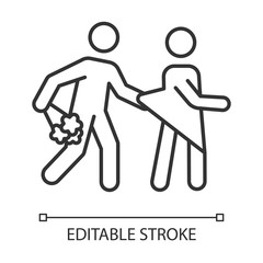 Date rape linear icon. Women abuse, violent behavior. Sexual harassment of women, girls. Victim of assault. Thin line illustration. Contour symbol. Vector isolated outline drawing. Editable stroke