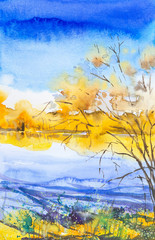 Watercolor illustration of a beautiful autumn forest landscape by the lake