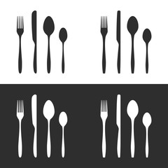 Vector illustration of cutlery silhouettes. 2 sets of fork, knife, tablespoon and teaspoon in 2 colors. Fully editable icons for menu design and your other own projects.