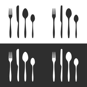 Vector illustration of cutlery silhouettes. 2 sets of fork, knife, tablespoon and teaspoon in 2 colors. Fully editable icons for menu design and your other own projects.