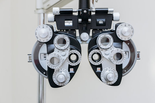 phoropter close up view of ophthalmology, optometry, and optician clinical testing machine equipment