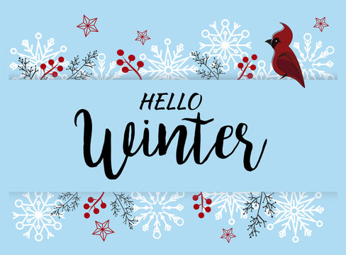 Hello Winter  vector illustration background with snowflakes. Hand writing style typography.