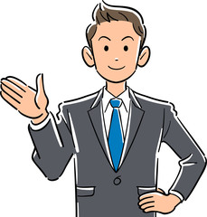 手のひらを右側に向ける若いビジネスマンの上半身