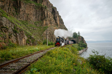 Steam locomotive on the Circum-Baikal Railway near lake Baikal in Eastern Siberia