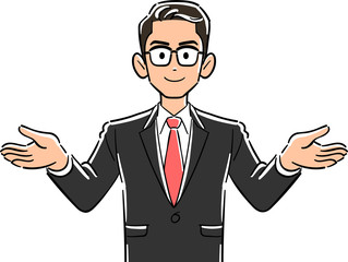 両手を広げる眼鏡をかけたビジネスマンの上半身