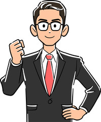 ガッツポーズする眼鏡をかけたビジネスマンの上半身