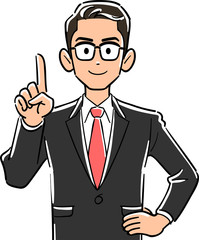 Fototapeta na wymiar 人差し指を立てて説明する眼鏡をかけたビジネスマンの上半身