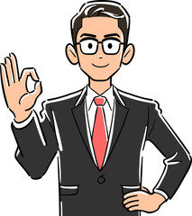 手でOKのサインを出す眼鏡をかけたビジネスマンの上半身