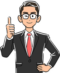 サムズアップする眼鏡をかけたビジネスマンの上半身