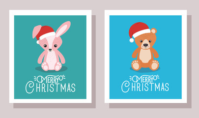happy mery christmas card with rabbit and bear toys