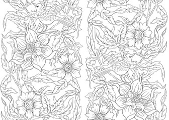 Fototapeta na wymiar Floral Seamless pattern, background with bird In art nouveau style, vintage, old, retro style. Outline hand drawing vector illustration...