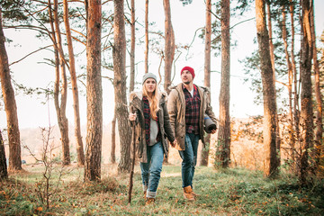 Traveler couple exploring highlands. Freedom and active lifestyle concept.