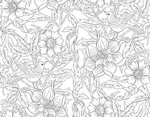 Floral Seamless pattern, background with bird In art nouveau style, vintage, old, retro style. Outline hand drawing vector illustration...