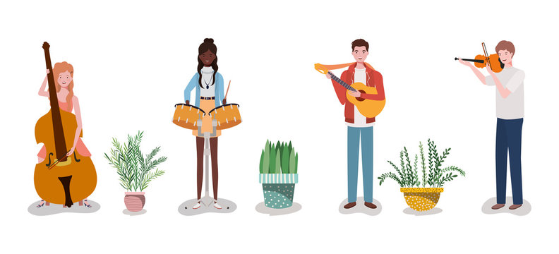 group music band playing instruments and houseplant