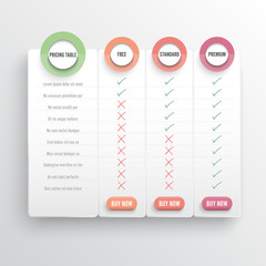 Comparison pricing list. Comparing price or product plan chart compare products business purchase discount hosting image grid. Services cost table unlimited menu planning vector infographics template.