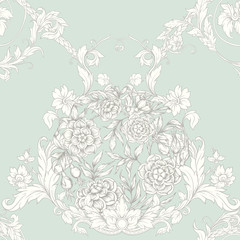 Roses Seamless pattern, background. Graphic drawing, engraving style. Vector illustration. In art nouveau style, vintage, old retro style