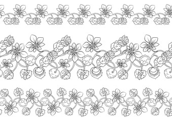 Hazelnut. Decorative motif. Seamless pattern, background. Outline hand drawing vector illustration. In art nouveau style, vintage, old, retro style
