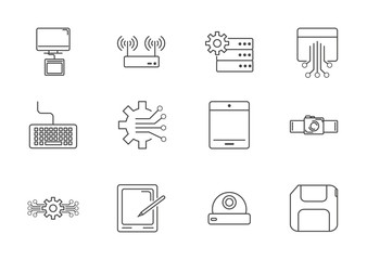 digital tech circuit board icons set line