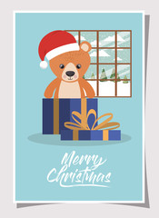 happy mery christmas card with bear teddy in gift