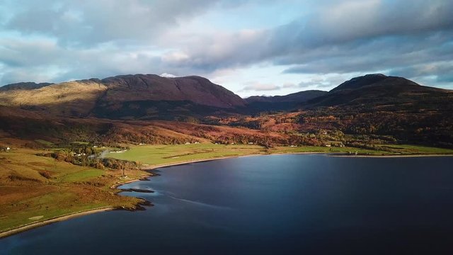 aerial footage of loch linnhe shot from duror on the west coast of scotland in the argyll region of the highlands of scotland showing corran ferry straight and shuna and lismore islands