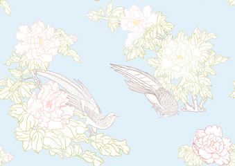 Peony tree branch with flowers with pheasants in the style of Chinese painting on silk. Seamless pattern, background. Vector illustration. Outline hand drawing. On sky blue background..