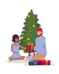 family members with pine tree christmas celebration