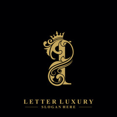 Initial letter I luxury beauty flourishes ornament with crown logo template.