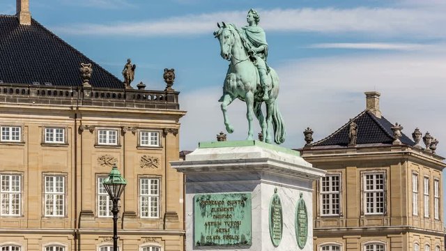 The Frederik V on Horseback, an neoclassical equestrian statue located in the center of Amalienborg Square in Copenhagen, Denmark. Time lapse video.