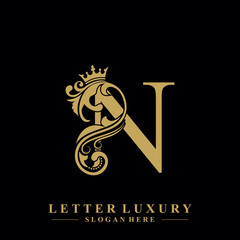 Fototapeta Initial letter N luxury beauty flourishes ornament with crown logo template. obraz