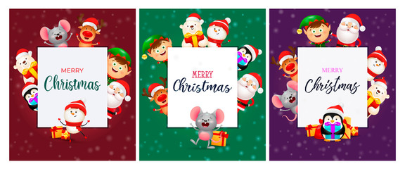 Merry Christmas red, green, violet banner set with animals