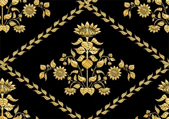 Foto op Plexiglas Zwart goud Zonnebloem. Naadloze patroon, achtergrond. In art nouveau stijl, vintage, oud, retro stijl. In goud en zwart