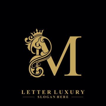 Initial letter M luxury beauty flourishes ornament with crown logo template.