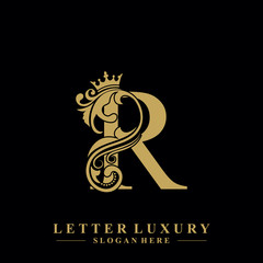 Initial letter R luxury beauty flourishes ornament with crown logo template.
