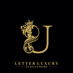 Initial letter U luxury beauty flourishes ornament with crown logo template.