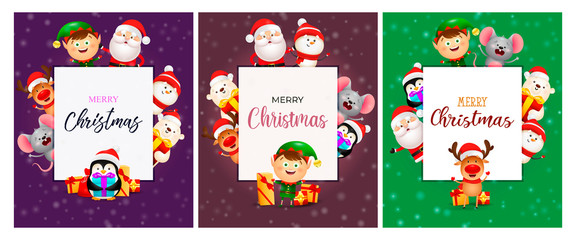 Merry Christmas violet, green banner set with animals