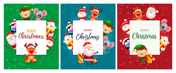 Merry Christmas green, blue, red banner set with animals