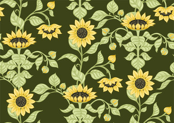 Sunflower. Seamless pattern, background. Colored vector illustration. In art nouveau style, vintage, old, retro style. On army green background
