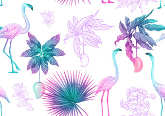 Tropical plants and flowers and birds. Seamless pattern, background. Colored and outline design. Vector illustration in neon, fluorescent colors. Isolated on white background..