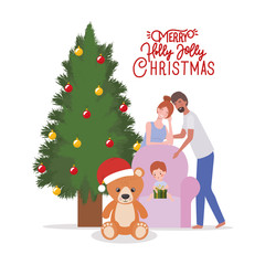 family members with pine tree christmas celebration