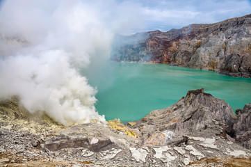 Fototapeta na wymiar Landscape of Sulfur Mine at Khawa Ijen Volcano Crater Java Island Indonesia