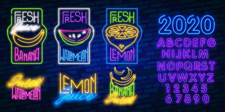 Fruits set neon light, banana, watermelon and lemon neon, summer set, brick background, ecologically clean organic food for healthy lifestyle. EPS10 vector illustration.