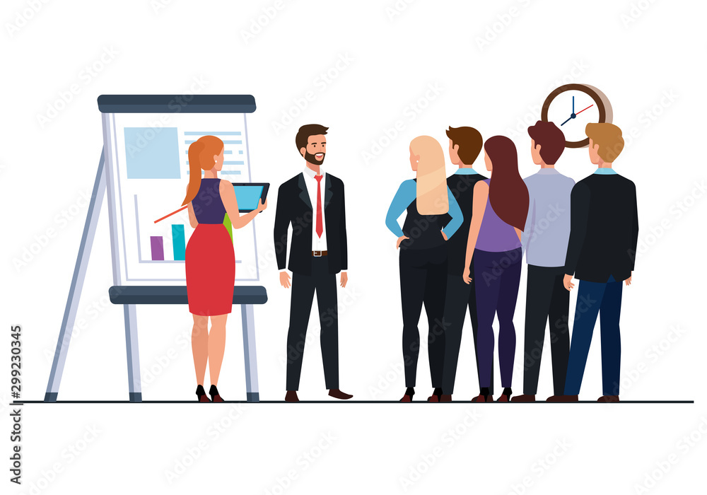 Sticker meeting of business people with infographics in chalkboard vector illustration design