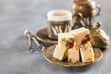 coffee and oriental sweets - locum and sherbet, selective focus, copy space