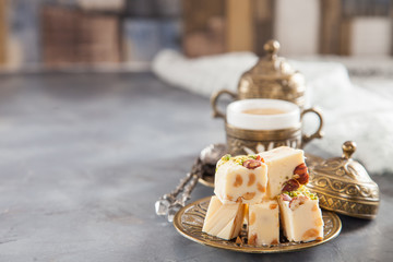 coffee and oriental sweets - locum and sherbet, selective focus, copy space